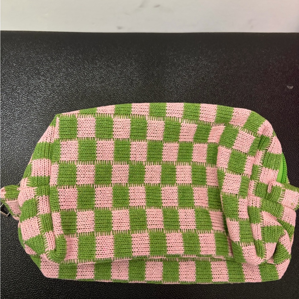 AKA Pink and Green Checkered Knit Cosmetic Pouch